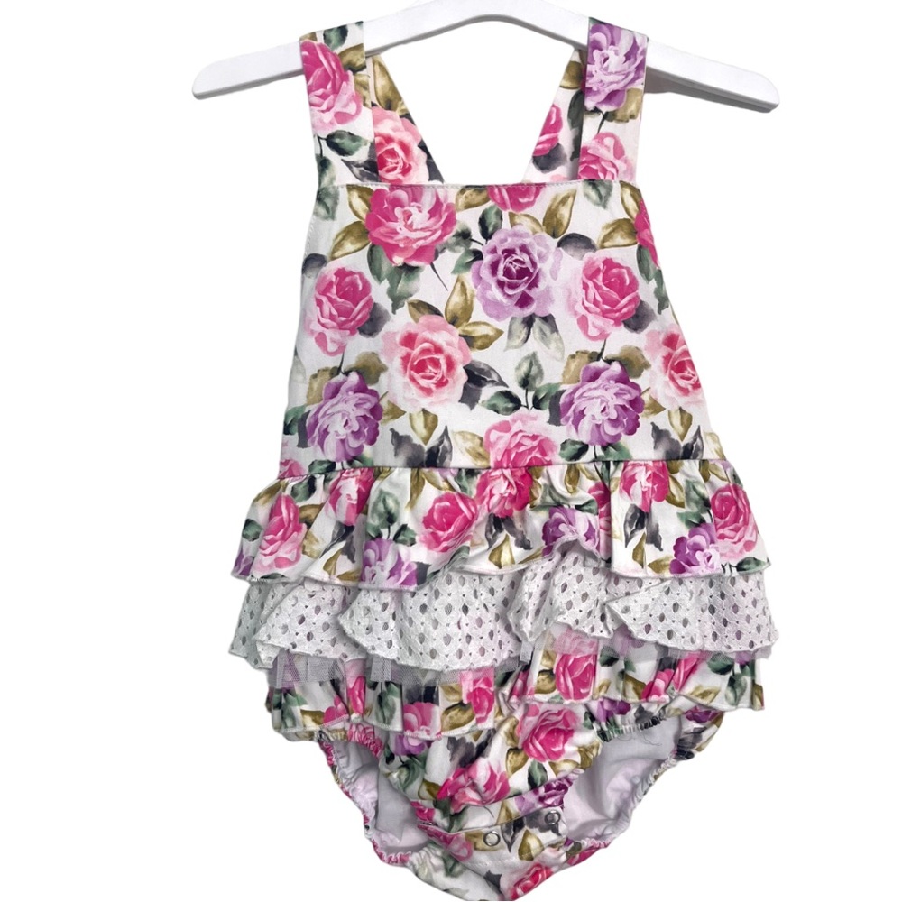 Floral Ruffle One-Piece Romper - Pink & White